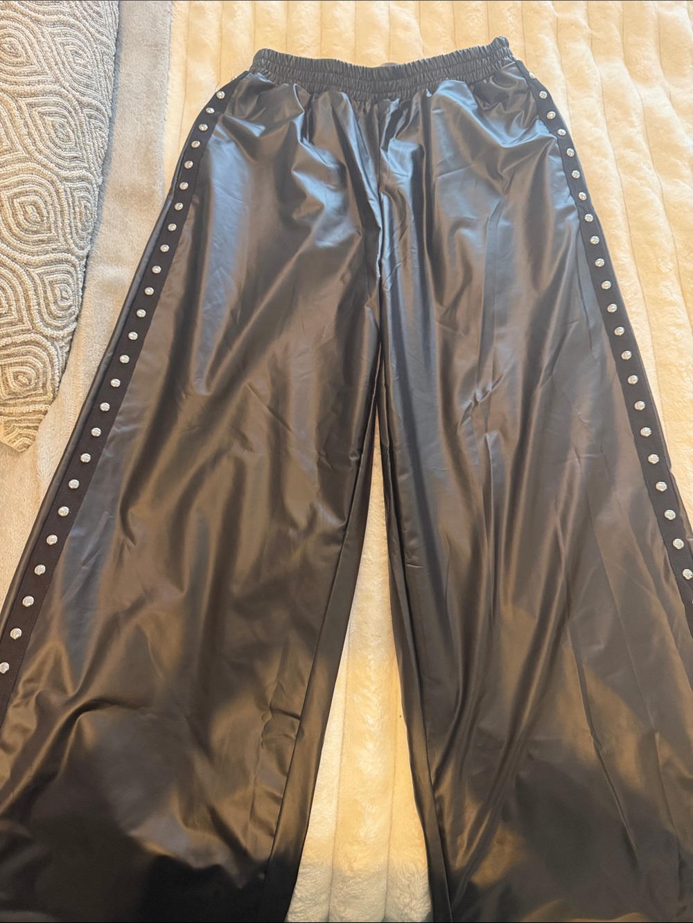 Black Wide-Leg Faux Leather Pants with Studded Side Trim